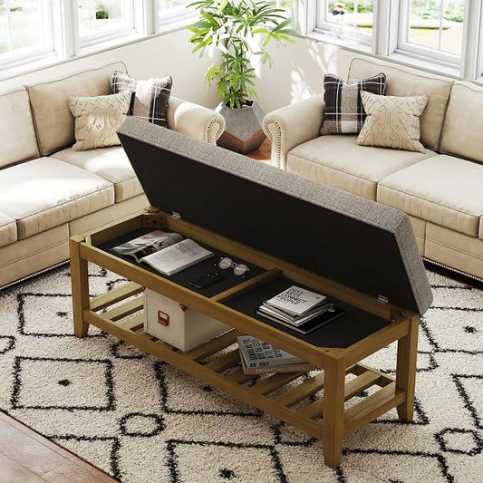 Befurtori Large Rectangular Upholstered Ottoman Bench, Linen Tufted Footrest Ottoman with Solid Wood Shelf Storage Coffee Table for Bedroom Living Room, Gray Linen