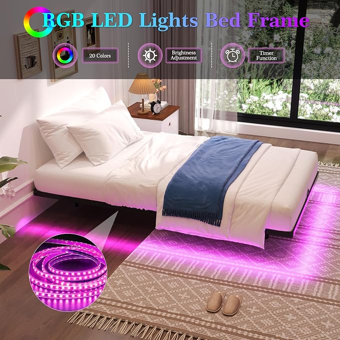 Awesofurni Floating Bed Frame Twin XL Size, Twin XL Bed Frame with Smart LED Lights, Heavy Duty Modern Metal Platform Bed No Box Spring Needed - Easy Assembly and Noise Free