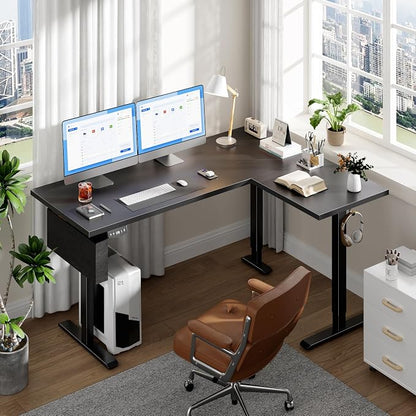 63” L Shaped Electric Standing Desk, Height Adjustable Computer Desk with LED Screen & Memory Presets, Ergonomic Sit to Stand Desk with Headphone Hook for Home, Office and Workstation, Dark Black