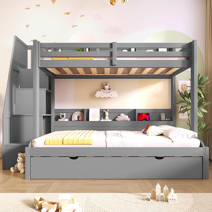 RUNNA Twin Over Full Bunk Bed with Trundle,Storage Stairs,USB Grey | Twin over full bunk bed with trundle, storage stairs, shelves, USB, solid pine wood, guardrails, no box spring needed