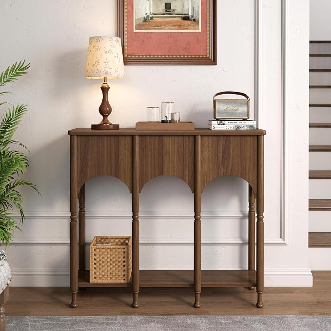 40" Console Table with Storage Shelf, Retro Entryway Table, Wooden Sofa Table with Roman-Style Legs for Living Room, Hallway, Brown