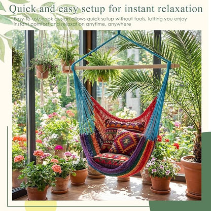 Barydat 2 Pcs Hanging Hammock Chair Boho Swing Chair Outdoor Indoor Comfy Soft Cotton Rope Weaving with 40 Inch Detachable Metal Bars for Backyard Living Room Garden, 270lb Capacity (Rainbow Color)