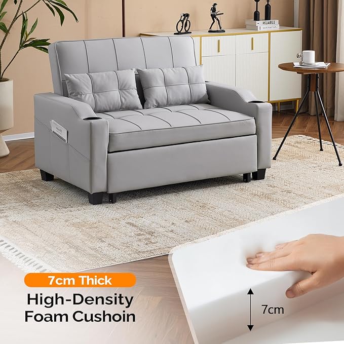 VINGLI Convertible Loveseat Sleeper Sofa, Light Grey Faux Leather Futon Sofa Bed Pullout Couch Bed with USB Ports, Cup Holders, Armrest for Living Room, Bedroom, Home Office Apartment