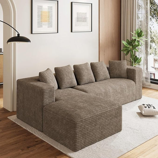 Oversized L Shaped Boneless Sectional Couches for Living Room, 107" Comfy Fluffy Cloud Modular Sectional Sofa, Plush Corduroy Memory Foam Floor Sofa with Left Facing Chaise Couch