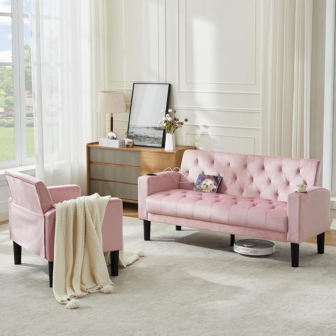 TYBOATLE Mid-Century Modern Tufted Pink Velvet Loveseat Sofa Set w/ 2 USB & 2 Cupholders, 2 Piece Living Room Furniture Sets, Small Love Seat Couches for Small Space Apartment Bedroom Office