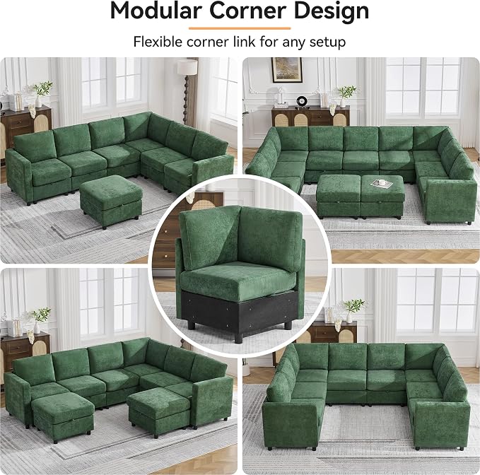104'' V Shaped Modular Sofa, Sectional Couch with Storage for Living Room, Modern 7 Seater Cloud Sectional Couch with Movable Ottoman, Chenille Dark Green