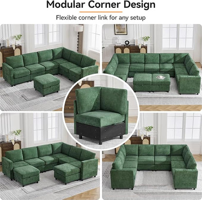 127'' Oversized U Shaped Modular Sofa, Sectional Couches with Storage for Living Room, Modern 9 Seater Cloud Sectional Couch with Movable Ottoman, Chenille Dark Green