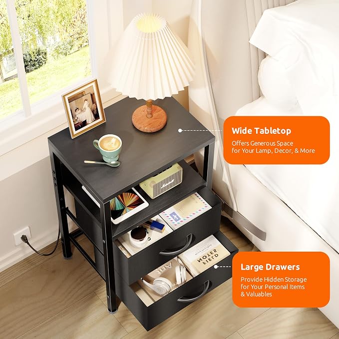Lazzanto Nightstand Bedside Charger Table for Bedroom - Night Stand with Charging Station, Modern Nightstand with Open Shelf & 2 Fabric Drawers, Bed Side Table with USB-C Port for Dorm, Black