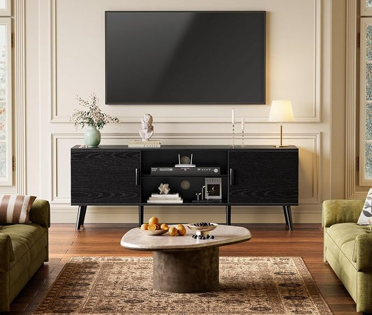SUPERJARE TV Stand for 55 Inch TV, Entertainment Center with Adjustable Shelf, 2 Cabinets, TV Console Table, Media Console, Solid Wood Feet, Cord Holes, for Living Room, Bedroom, Black
