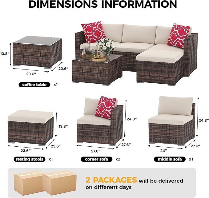 5 Piece Outdoor Patio Furniture Set, Rattan Deck Conversation Sofa Set with Non-Slip Cushions, All-Weather Sectional Sofa with Glass Storage Table and Balcony Footstool, Poolside, Garden, Brown+White