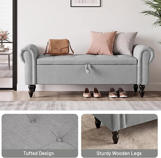 Furniliving 55” End of Bed Bench, Bedroom Bench with Button-Tufted, Large Upholstered Storage Ottoman Entryway Bench with Storage Shoe Cabinet Bench, for Bedroom, Linen, Grey