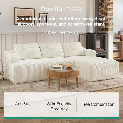Novilla L-Shape Sectional Couches for Living Room with Smarts Coil® Support, 3 Seater Sectional Sofas for Living Room Bedroom, Corduroy Cloud Couch Sectional, No Assembly(Beige, Right Hand Facing)