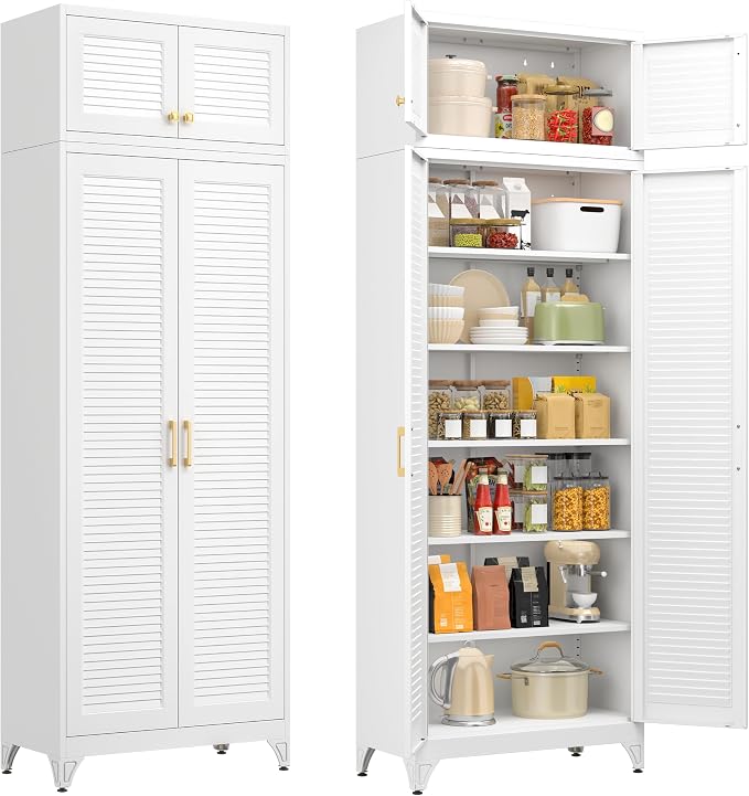 90" Metal Storage Cabinet with Louvered Doors, Heavy Duty Steel Wardrobe, Tall Kitchen Pantry Cabinet with Adjustable Shelves, 2 Packages, White