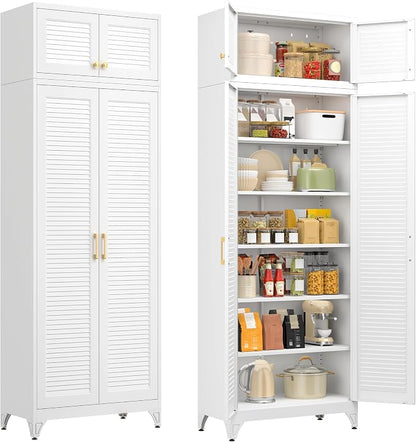 90" Metal Storage Cabinet with Louvered Doors, Heavy Duty Steel Wardrobe, Tall Kitchen Pantry Cabinet with Adjustable Shelves, 2 Packages, White