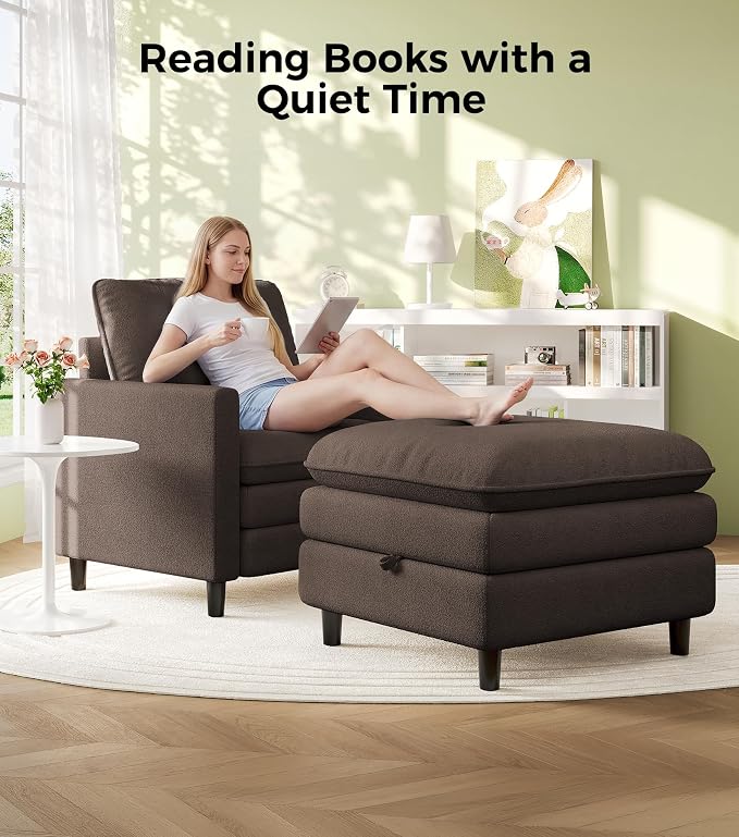 Welzona 3-Layers Cloud Accent Chair with Ottoman, 33" Comfy Reading Chair for Bedroom, Living Room, Tool-Free Assembly with Teddy Fabric Arm Chairs and Ottoman Set, Brown, Removable Washable Cover