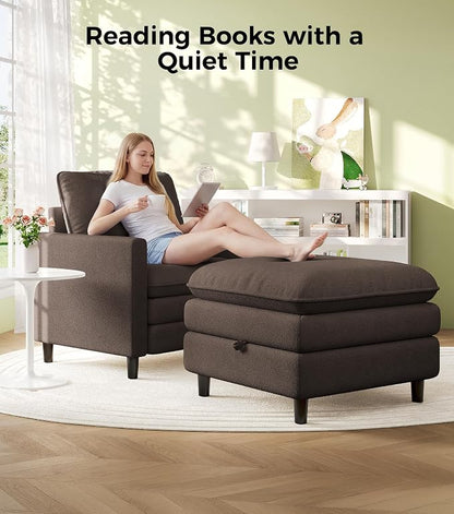 Welzona 3-Layers Cloud Accent Chair with Ottoman, 33" Comfy Reading Chair for Bedroom, Living Room, Tool-Free Assembly with Teddy Fabric Arm Chairs and Ottoman Set, Brown, Removable Washable Cover