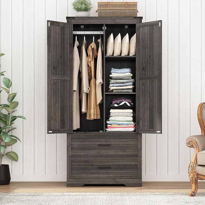 Hlivelood 2 Doors Wardrobe Armoire Closet with Doors and Drawers, Farmhouse Wooden Armoire Storage Cabinet with Shelves & Hanging Rod for Bedroom, Grey