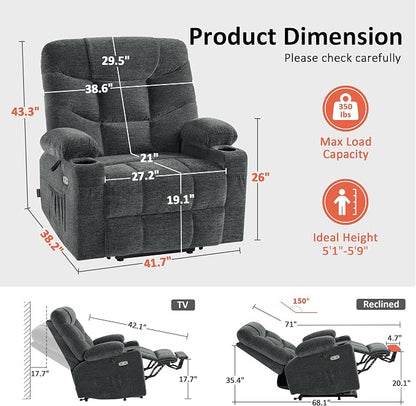 MCombo Oversized Power Lift Recliner Chair with Extended Footrest, Extra Wide for Big and Tall Elderly People, Fabric R7289 (Dark Gray, Medium-Wide)