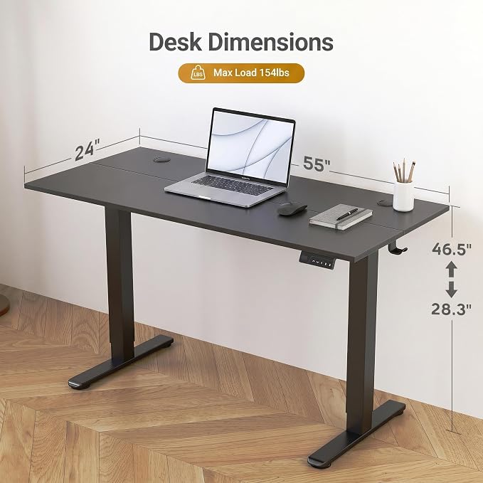 Claiks Electric Standing Desk, 55 x 24 Inch Height Adjustable Sit Stand Desk for Home Office, Computer Desk with Memory Presets, Cable Management & Headphone Hooks, 156 lbs Capacity, Black