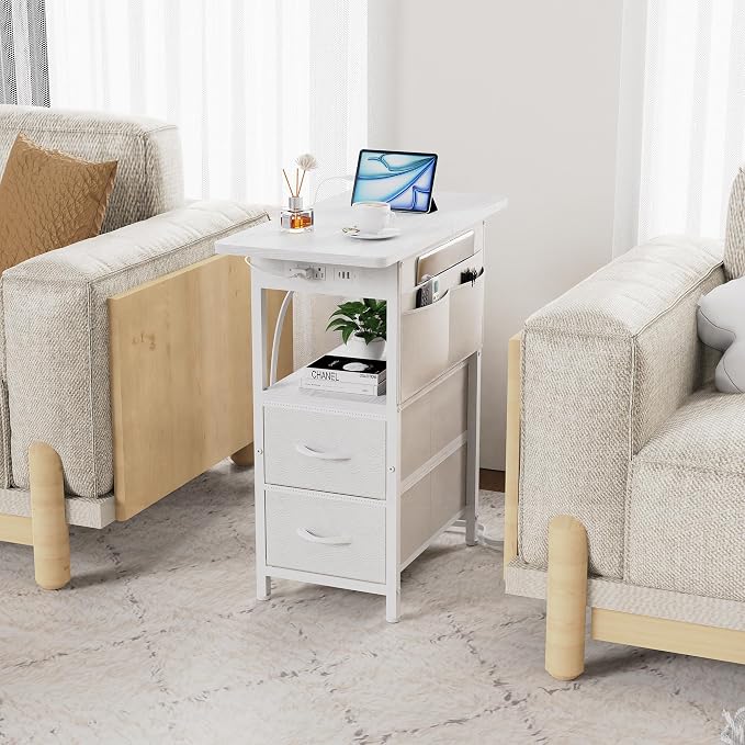 Yenlure Small Side Table with Charging Station, Narrow Nightstand Bedside Tables with Storage Pocket for Living Room Bedroom, Sofa End Table with USB Ports and Power Outlets for Small Spaces