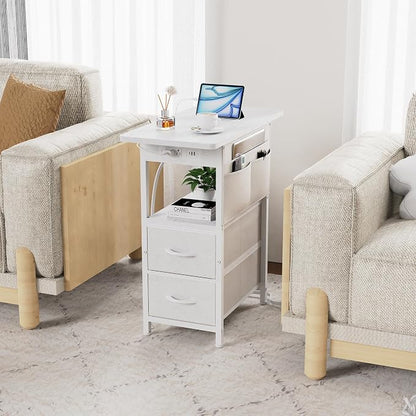 Yenlure Small Side Table with Charging Station, Narrow Nightstand Bedside Tables with Storage Pocket for Living Room Bedroom, Sofa End Table with USB Ports and Power Outlets for Small Spaces