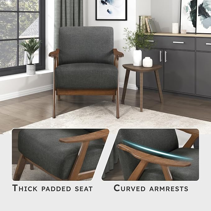 Lexicon Mid Century Modern Accent Chair with Solid Wood Frame in Walnut Finish, Upholstered Living Room Lounge Arm Chair, Thick and Comfy Innerspring Seat Cushion, Linen-Look Fabric, Dark Grey