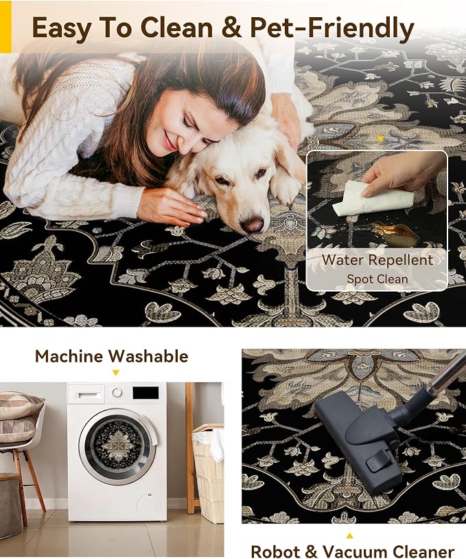 RELEANY Area Rugs Round 4ft Washable Non-Slip, Floral Vintage Distress Medallion Carpet for Living Room Bedroom Dining Room, Black Brown Neutral Dark Tan