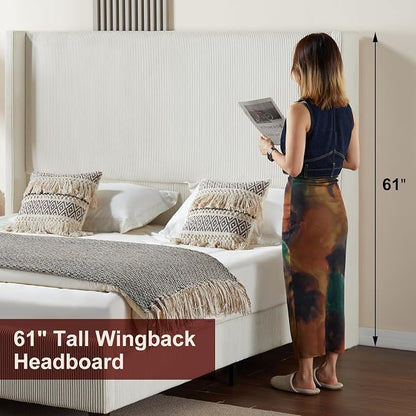 HOWE King Size Bed Frame with 61.4" Extra Tall Headboard, Corduroy Upholstered Bed with Vertical Wingback Headboard, No Box Spring Needed/Noise Free/Solid Wood Slats & Legs/Cream