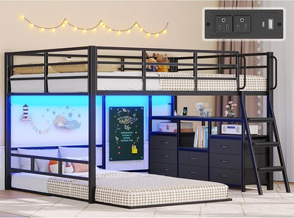 busyaeh Bunk Bed Full Over Twin,Low Bunk Bed with 8 Drawer & 4 shelve,Black | bunk bed with Desk, 15" H Safety Guardrail & LED Lights and Charging Station,L-Shaped Bunk Beds with Stairs,toddler bunk bed