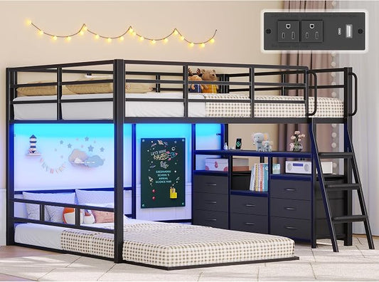 busyaeh Bunk Bed Full Over Twin,Low Bunk Bed with 8 Drawer & 4 shelve,Black | bunk bed with Desk, 15" H Safety Guardrail & LED Lights and Charging Station,L-Shaped Bunk Beds with Stairs,toddler bunk bed
