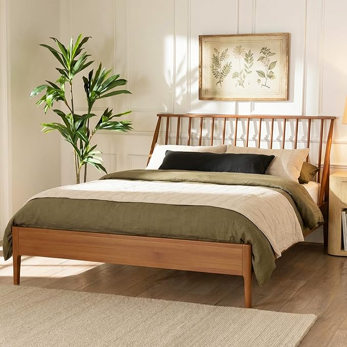 Merax Queen Size Solid Bamboo Wood Spindle Platform Bed with 46.5" Tall Headboard, Bohemian Bed Frame with Wooden Slats and Metal Support, Mid-Century Modern Style,No Box Spring Needed, Brown