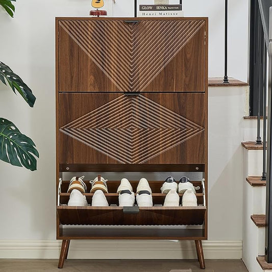 oakvivo Shoe Cabinet with 3 Flip Drawers, Freestanding Narrow Shoe Storage Cabinet for Entryway, Modern Shoe Organizer with 4 Wooden feet, Hidden Shoe Rack for Hallway Mudroom, Walnut