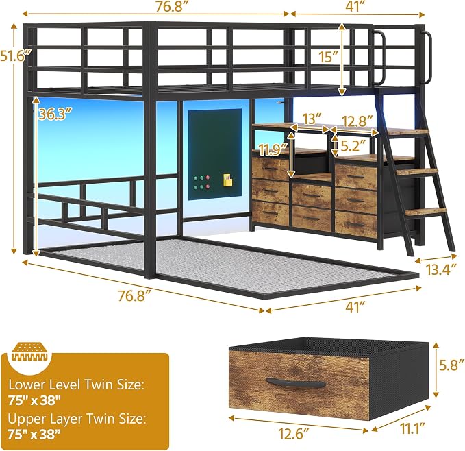 Bunk Bed Twin Over Twin,Low Bunk Bed with 8 Drawers & 4 Shelves & 15" H Safety Guardrail,Metal L-Shaped Twin Bunk Bed with LED Lights and Charging Station,Floor Bunk Beds with Ladder,Vintage Brown