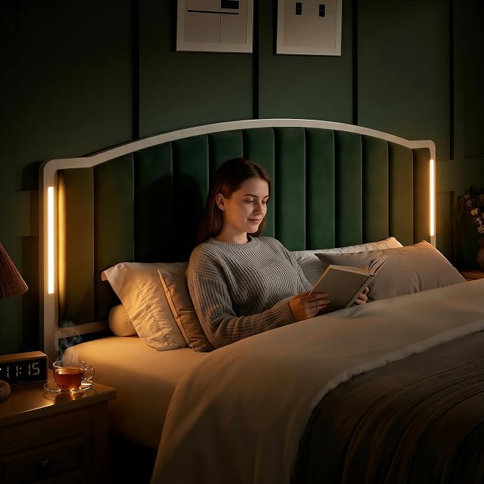 Headboard for Queen Size Bed with LED Lights, Upholstered Vertical Channel Tufting Head Boards, Velvet Headboard Only, Attach Frame, Ideal for Bedroom, Dorm, Guest Room, Green