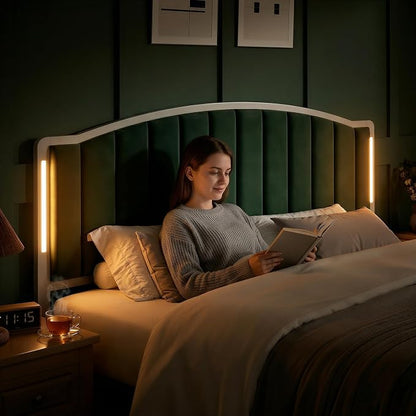 Headboard for Queen Size Bed with LED Lights, Upholstered Vertical Channel Tufting Head Boards, Velvet Headboard Only, Attach Frame, Ideal for Bedroom, Dorm, Guest Room, Green