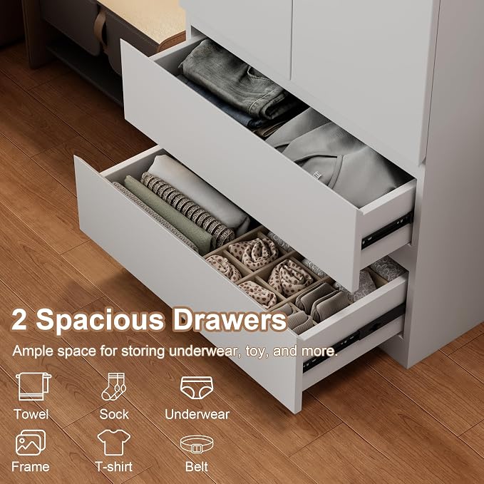 Mekminop White Armoire Wardrobe Closet with Large Capacity, 78.74" Tall Bedroom Armoire, Wooden Wardrobe Cabinet with 2 Drawers, Storage Shelves and Hanging Rod