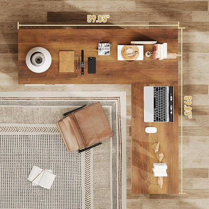 Vabches Farmhouse 59" L-Shaped Executive Desk with File Drawers, Wood Corner Sturdy Writing Workstation with Storage Drawers, Rustic Computer Writing Desk for Home Office & Study. Unique White
