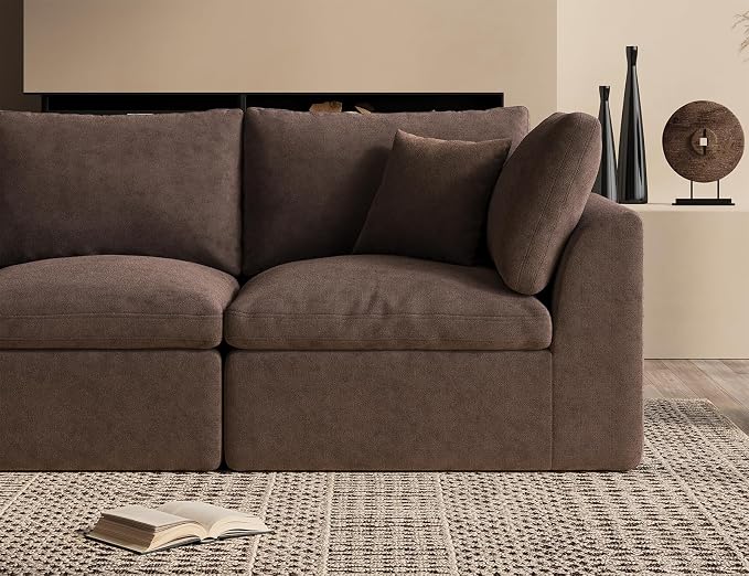 ohllob 110" Cloud Sectional Couches for Living Room, Boneless U Shaped Couch with Ottoman, 3 Seater Modular Sectional Sofa, Brown