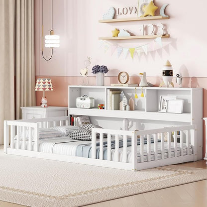 Bellemave Kids Montessori Floor Bed Twin Size, Floor Bed Frame with Bookcase and Shelves for Kids Boys Girls,Twin,White