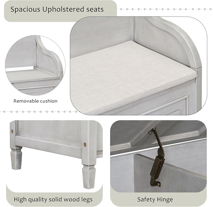 Knocbel Rustic Entry Storage Bench with Hidden Compartments and Removable Cushion, Wooden Entryway Hallway Foyer Shoe Bench Bedroom End of Bed Bench, 250lbs Weight Capacity (Gray Wash)
