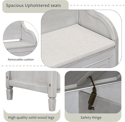 Knocbel Rustic Entry Storage Bench with Hidden Compartments and Removable Cushion, Wooden Entryway Hallway Foyer Shoe Bench Bedroom End of Bed Bench, 250lbs Weight Capacity (Gray Wash)