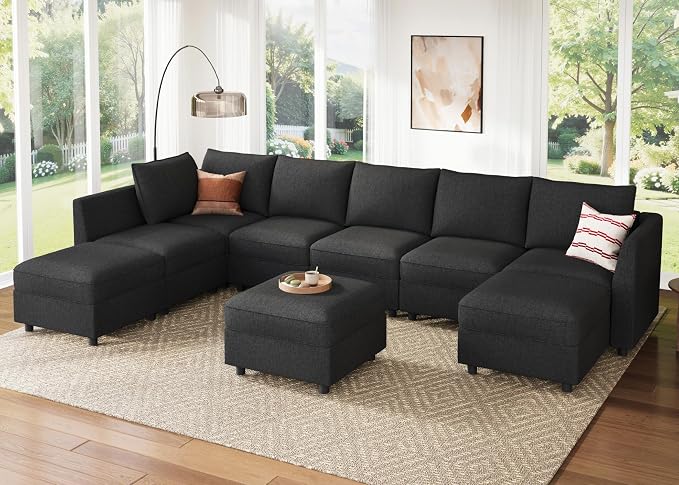 HONBAY Modular Sectional Sofa with Storage, U Shaped Couch Modular Convertible Sectional Couches for Living Room - Linen Grey
