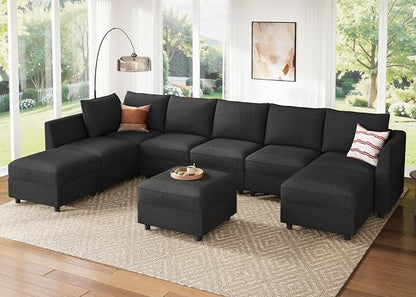 HONBAY Modular Sectional Sofa with Storage, U Shaped Couch Modular Convertible Sectional Couches for Living Room - Linen Grey