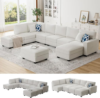 Legend Vansen Oversized Modular Sectional Sofa,U/L‑Shaped Reversible Couch with Ottoman,Deep Seat Plush Polyester Sofa for Living Room,9‑Seater,Cream