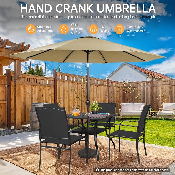 SUNCROWN 6 - Piece Outdoor Dining Set, Patio Furniture Set with 4 Textilene Dinning Chairs, 1 Steel Slat Metal Bistro Table and 1 Brown 9Ft Patio Umbrella for Lawn Garden Backyard Deck, Black
