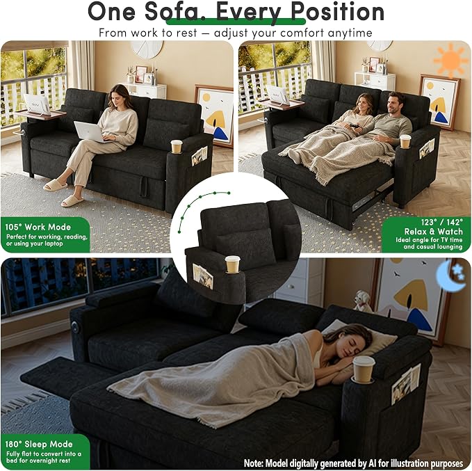 83" Recliner Sofa Bed, 3-in-1 Chenille Sleeper Sofa, Pull Out Couch with Adjustable Backrest, USB, Side Pocket, Table, Cup Holder, Cloud Couch for Living Room, Apartment, Small Space, Black