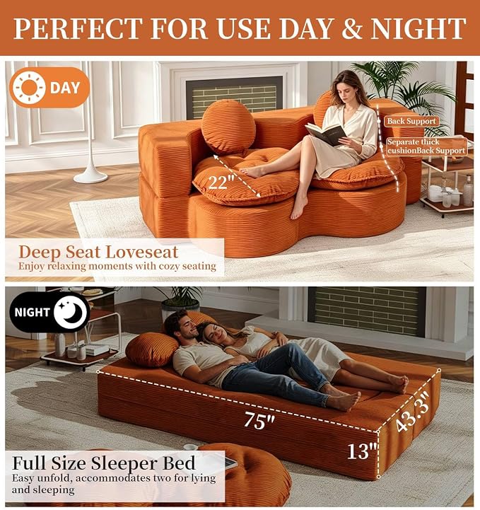 75” Full Size Convertible Sleeper Sofa Bed, Boneless Folding Futon Loveseat Sofa with 2 Pillows, High Density Foam Compressed Foldable Guest Couch for Living Room Apartment (Orange Corduroy)