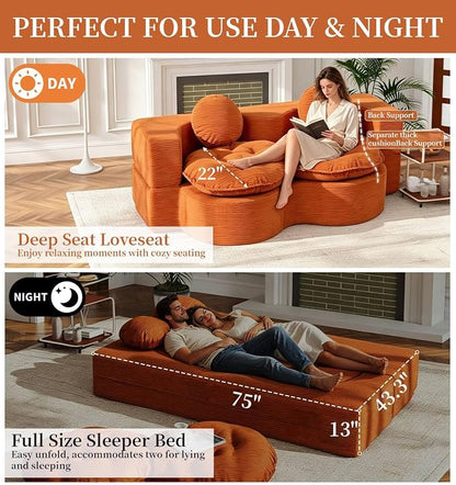 75” Full Size Convertible Sleeper Sofa Bed, Boneless Folding Futon Loveseat Sofa with 2 Pillows, High Density Foam Compressed Foldable Guest Couch for Living Room Apartment (Orange Corduroy)