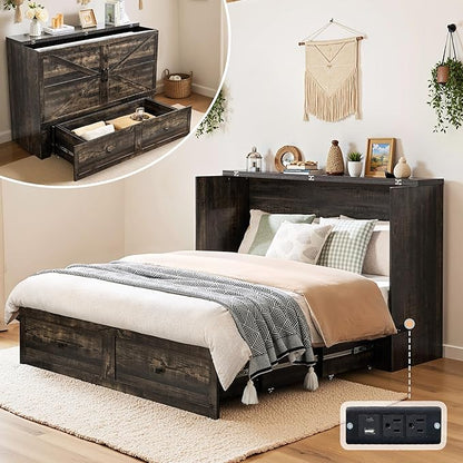 LUXOAK Full Murphy Bed with Storage and Charging Station, Farmhouse Cabinet Bed, Noise-Free, for Guest Room, Apartment, or Office, Black Oak