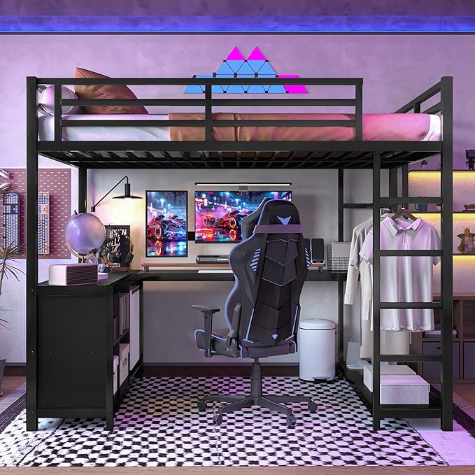 Bellemave Full Size loft Bed with L Desk, Wardrobe, Metal Full Loft Bed Frame for Adults, Kids, Teens, Black